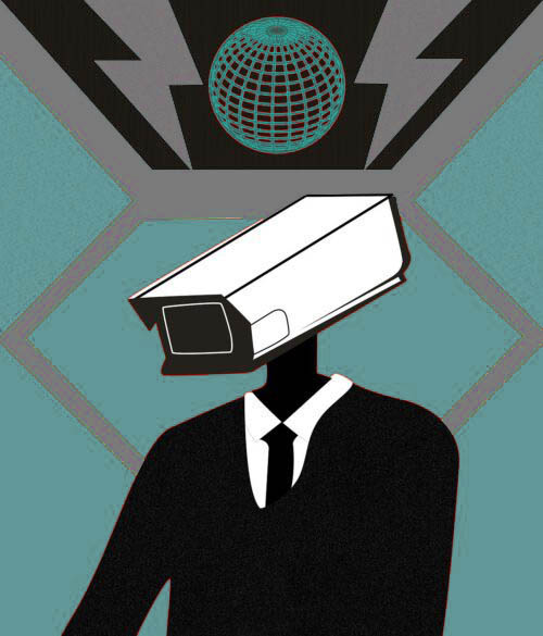 man with a cctv camera like head